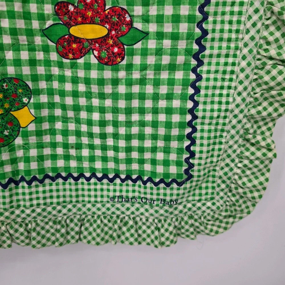 Vintage Thats Our Baby Quilted Nursery Blanket Green Gingham Ruffle Train Sheep